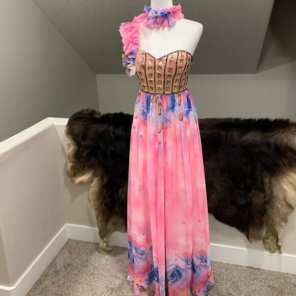 New One-Shoulder Floral Print Chiffon Gown With Beads - Picture 6 of 15